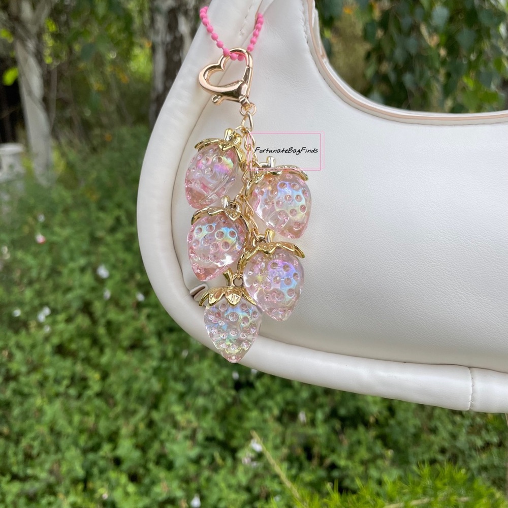 Iridescent Heart Strawberry Baby Pink Jelly Cluster Purse Bag Charm Kawaii Y2K - Picture 14 of 16